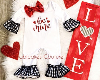 Newborn Girl Valentine Outfit, Be Mine Outfit, Babys 1st Valentine, Baby Ruffle Romper, Valentine Romper, Gingham Romper, Valentine Baby