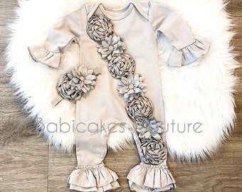 Newborn Girl Take Home Outfit, Coming Home Outfit, Gray Baby Romper, Gray Ruffle Romper, As worn in Red by Kate Hudson's Baby Rani Rose