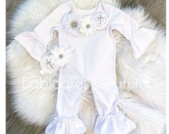 Baby Girl After Christening Outfit, Christening Ruffle Romper & Headband, Naming Outfit, Baptism Outfit, Blessing Outfit White Ruffle Romper