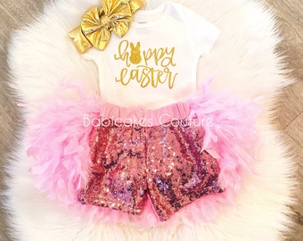 Babys 1st Easter, Sequin Feather Shorts, Bunny Bodysuit, Easter Bunny Outfit, Pink Bunny Outfit, 1st Easter Outfit, Egg Hunt Outfit