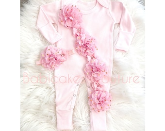 Newborn Girl Take Home Outfit, Coming Home Outfit, Pink Baby Romper, Pink Romper, Sip and See Outfit, Baby Shower Gift, Baby Girl Clothes