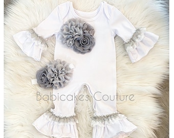 Newborn Girl Take Home Outfit, Coming Home Outfit, Gray Baby Romper, Gray Lace Ruffle Romper, Sip & See Outfit,  Baby Shower Gift, Baby Girl