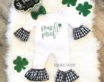 Baby Girls St Patricks Day Outfits Infant Ruffle Romper+Suspender Clover Skirt+Headband Clothes Set
