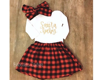 Babys 1st Christmas Outfit, Red Plaid Christmas Baby Outfit, Newborn Holiday Outfit, Santa Baby Outfit, Buffalo Plaid Christmas Outfit