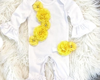 Newborn Girl Ruffle Romper: Yellow Flower Baby Outfit & Headband