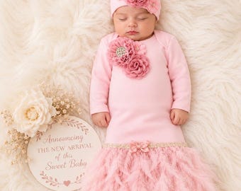 Newborn Girl Feather Gown Blush Pink Coming Home Outfit Hospital Photo Prop Baby Gift