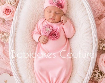 Pink Cotton Newborn Gown, Floral Take Home Outfit, Matching Beanie