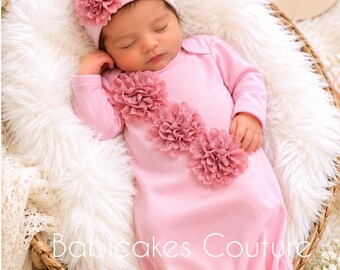 Pink Baby Gown Take Home Outfit: Floral Newborn Hospital Gown & Beanie