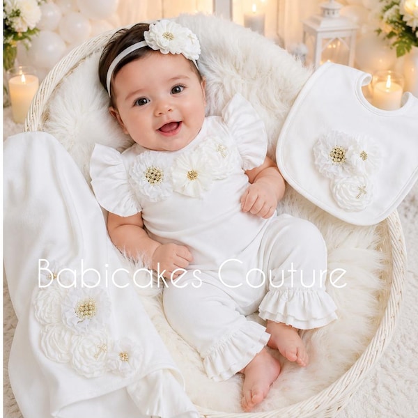 Baby Girl Christening Outfit, White Ruffle Romper, Baptism Ceremony Set