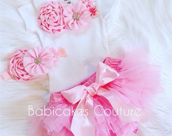 Newborn Girl Tutu Outfit: Pink Rosette Bodysuit, Bloomer & Headband