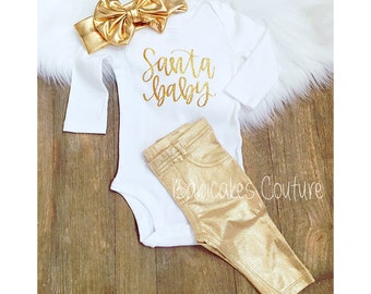 Babys First Christmas Outfit, Gold Santa Baby Outfit, Newborn Holiday Outfit, Santa Baby, Gold Newborn Christmas Outfit, Santa Photo Outfit