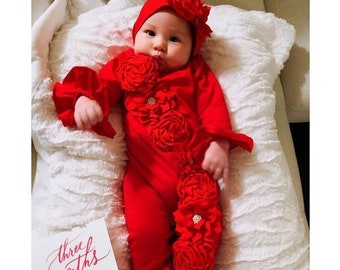 Newborn Girl Take Home Outfit, Coming Home Outfit, Red Ruffle Romper, Newborn Photo Outfit, Red Baby Romper, Rani Rose, Red Baby Outfit