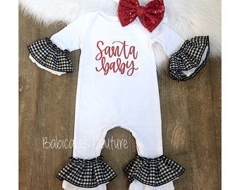 Babys First Christmas Outfit, Santa Baby Newborn Ruffle Romper, Newborn Holiday Outfit, Santa Baby Outfit, Gingham Romper, Christmas Baby