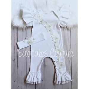 Baby Girl After Christening Outfit, Christening Ruffle Romper & Headband, Naming Outfit, Baptism Outfit, Blessing Outfit White Ruffle Romper