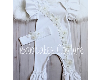 Baby Girl After Christening Outfit, Christening Ruffle Romper & Headband, Naming Outfit, Baptism Outfit, Blessing Outfit White Ruffle Romper