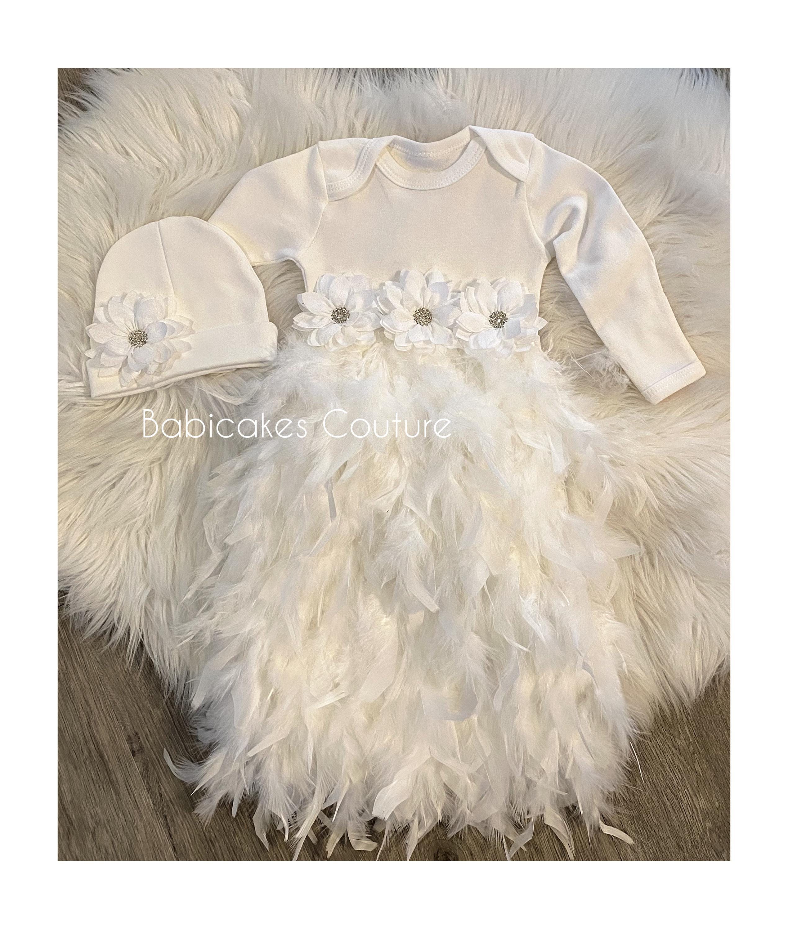 Newborn Feather Gown, White Baby Take Home Outfit, Beanie