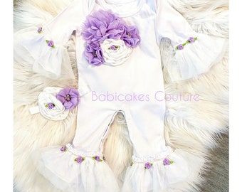 Newborn Girl Take Home Outfit, Coming Home Outfit, Lace Baby Romper, Lace Ruffle Romper, Sip and See Outfit, Purple and White Ruffle Romper