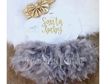 1st Christmas Outfit, Santa Baby Bodysuit, Feather Bloomer, Feather Tutu, Newborn Christmas, Santa Photo Outfit, Baby Girl Holiday Outfit