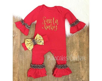 Babys First Christmas Outfit, Santa Baby Ruffle Romper, Newborn Holiday Outfit, Santa Baby Outfit, Leopard Ruffle Romper, Christmas Baby