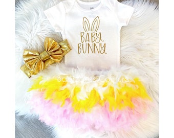 1st Easter Outfit, Easter Bunny Outfit, Babys 1st Easter, White, Yellow and Pink Feather Easter Tutu, Egg Hunt Outfit, Baby Bunny Outfit