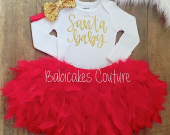 1st Christmas Outfit, Santa Baby Bodysuit, Feather Bloomer, Feather Tutu, Newborn Christmas, Santa Photo Outfit, Baby Girl Holiday Outfit