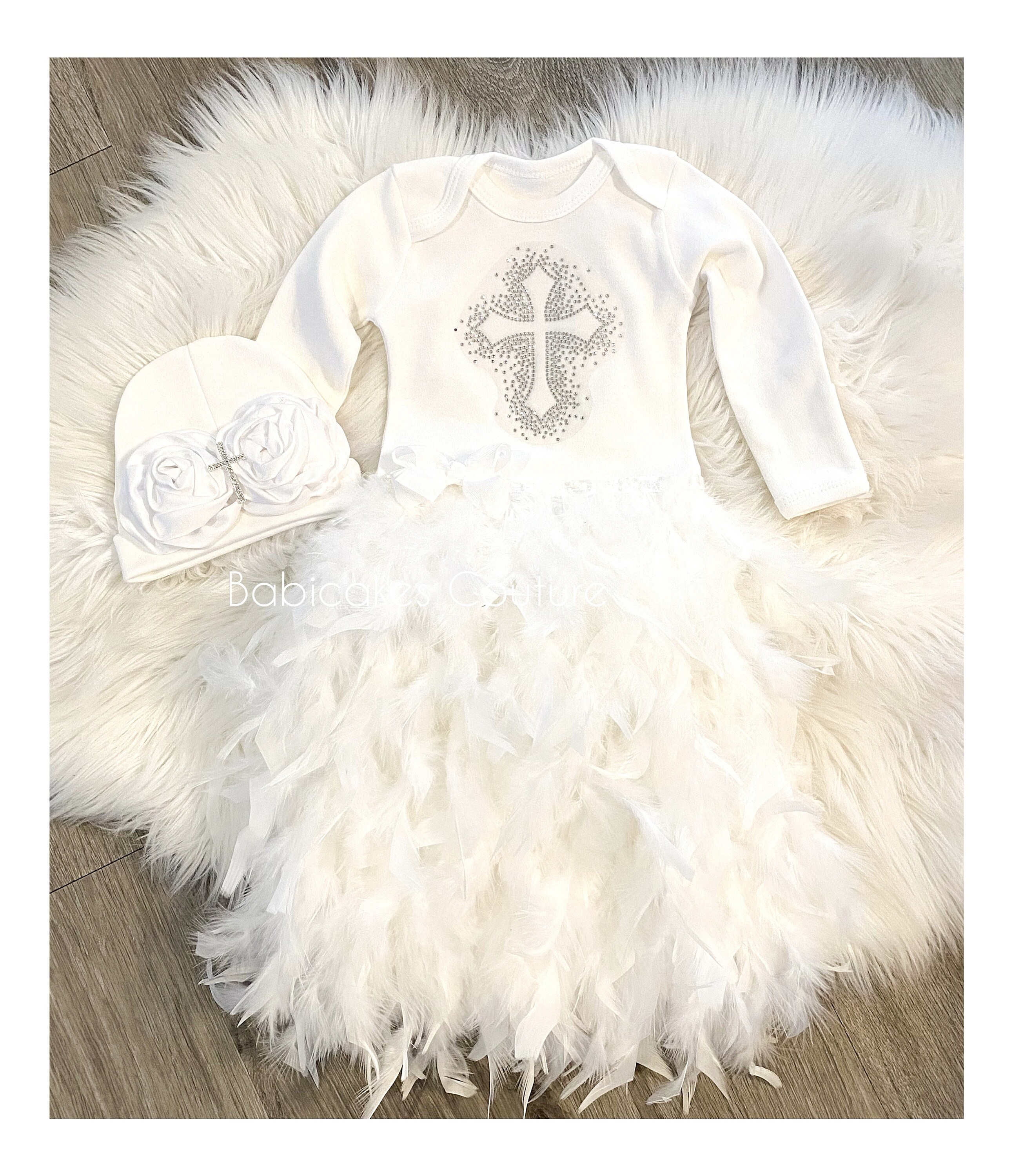 Feather Christening Gown Rhinestone Cross, White Baby Blessing Outfit