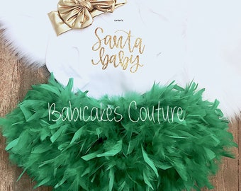 1st Christmas Outfit, Santa Baby Bodysuit, Green Feather Bloomer, Feather Tutu, Newborn Christmas, Santa Photo Outfit, Baby Holiday Outfit