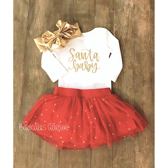 Babys 1st Christmas Outfit, Santa Baby Gold Star Tutu Set