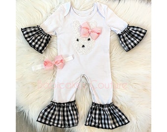 Babys 1st Easter, Easter Bunny Outfit, Bunny Ruffle Romper, Newborn Easter Outfit, Gingham Ruffle Romper, Baby Ruffle Romper, Easter Romper