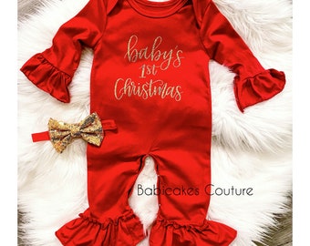 Babys First Christmas Outfit, Babys 1st Christmas Ruffle Romper, Newborn Holiday Outfit, Santa Baby Outfit, Red Ruffle Romper, Christmas