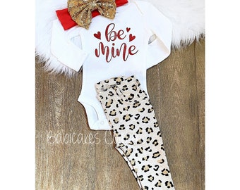 Be Mine Valentines Day Outfit, Newborn Valentine Outfit, Be Mine Outfit, Babys 1st Valentine, Heart Baby Outfit, Leopard Valentine Outfit