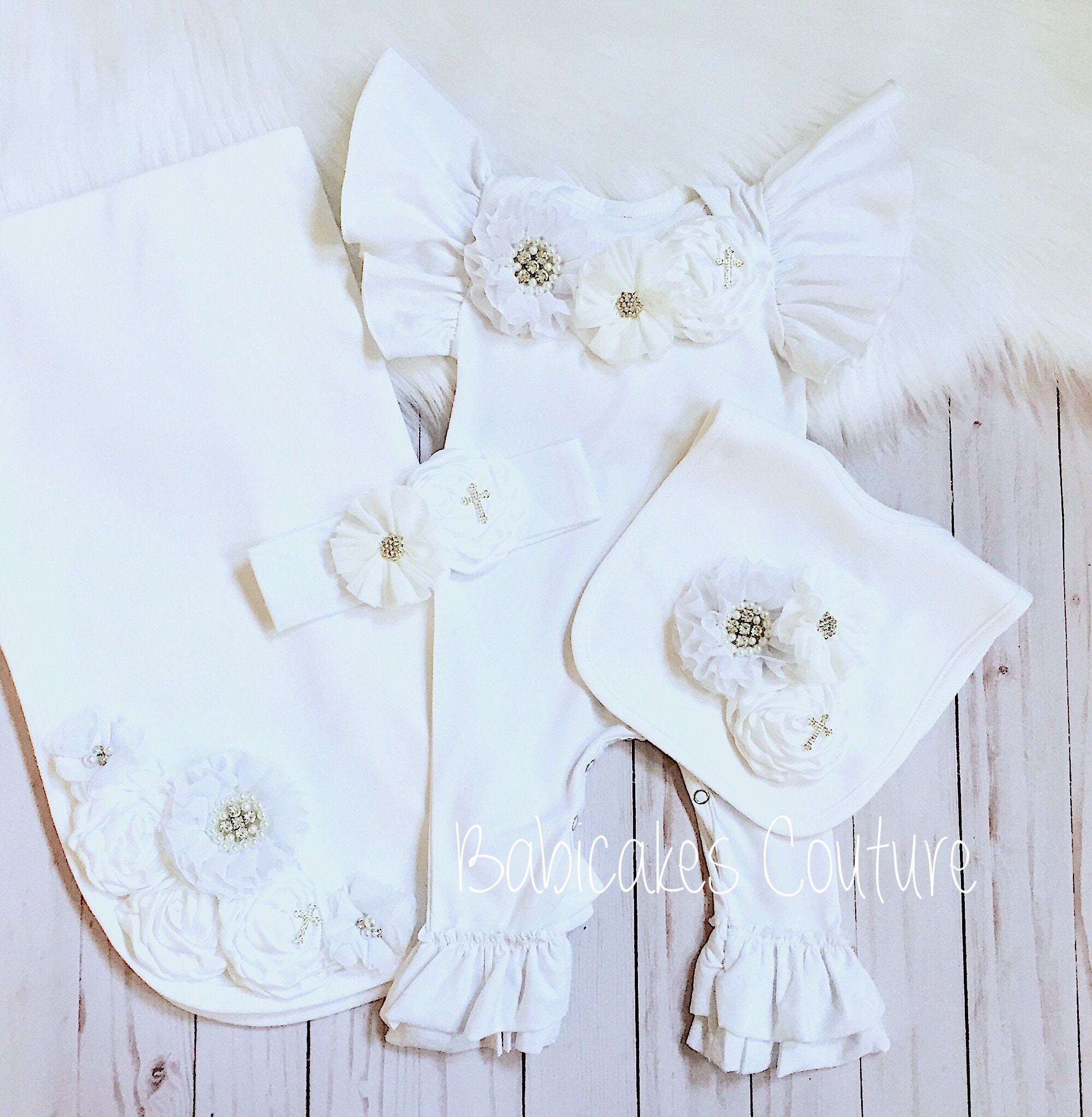 After Christening Outfit Christening Ruffle Romper Headband Christening Keepsake Blessing Outfit Christening Blanket Christening Bib Etsy