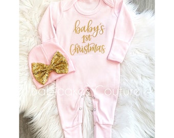 Newborn Girl First Christmas Outfit, Baby’s  First Christmas Romper, Newborn Romper, Newborn Holiday Outfit, Santa Photo Outfit, Pink Romper