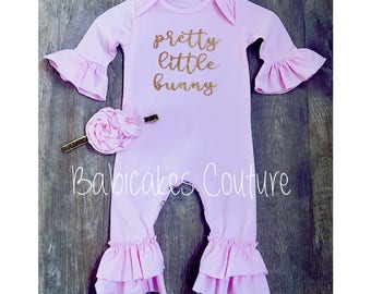 Pretty Little Bunny, 1st Easter Outfit, Babys 1st Easter, Newborn Girl Easter Outfit, Pink Take Home Outfit, Baby Ruffle Romper Bunny Outfit