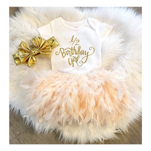 1/2 Birthday Girl Outfit, Half Birthday Outfit Girl, 6 Month Birthday, Half Way to One, 6 Month Photo Outfit, Peach Champagne Feather Tutu