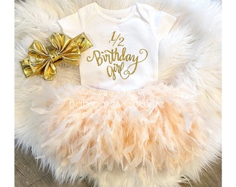 1/2 Birthday Girl Outfit, Half Birthday Outfit Girl, 6 Month Birthday, Half Way to One, 6 Month Photo Outfit, Peach Champagne Feather Tutu