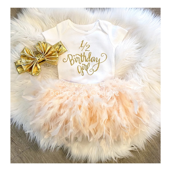 1/2 Birthday Girl Outfit, Half Birthday Outfit Girl, 6 Month Birthday, Half Way to One, 6 Month Photo Outfit, Peach Champagne Feather Tutu