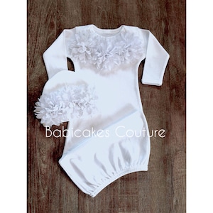 Newborn Girl Take Home Outfit Couture, White Chiffon Baby Gown & Beanie, Baptism Gown, Take Home Outfit, Coming Home Outfit Hospital Outfit