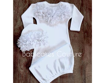 Newborn Girl Take Home Outfit Couture, White Chiffon Baby Gown & Beanie, Baptism Gown, Take Home Outfit, Coming Home Outfit Hospital Outfit