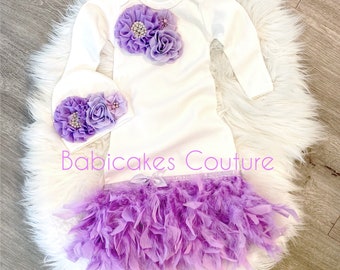 Newborn Girl Take Home Outfit, Feather Baby Gown, Lavender Baby Outfit, Coming Home Outfit, Baby Girl Clothes, Fancy Baby Outfit, Fall Baby