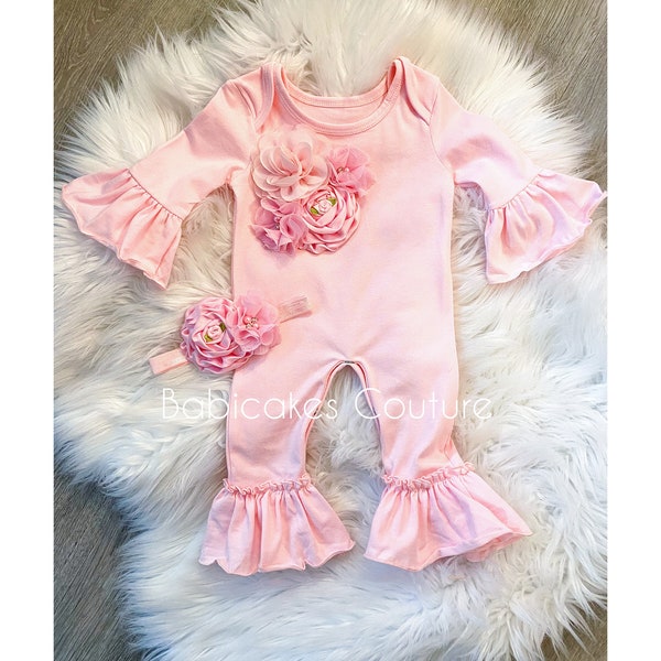 Newborn Girl Take Home Outfit, Coming Home Outfit, Lace Baby Romper, Lace Ruffle Romper, Sip and See Outfit, Pink and White Ruffle Romper
