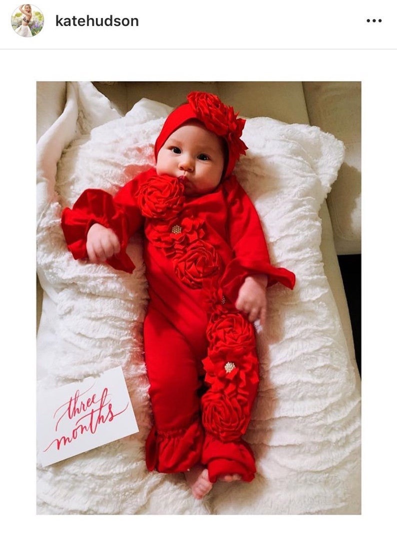 Red Ruffle Romper 1st Valentine Outfit Newborn Girl Coming Home Outfit As worn by Kate Hudson/'s baby Rani Rose Newborn Take Home Outfit