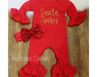 Santa Baby Romper, 1st Christmas Outfit, Christmas Ruffle Romper, Santa Baby Outfit, Red Ruffle Romper, Santa Photo Outfit, Holiday Outfit