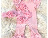 Pink Ruffle Romper: Newborn Girl Outfit with Rosettes