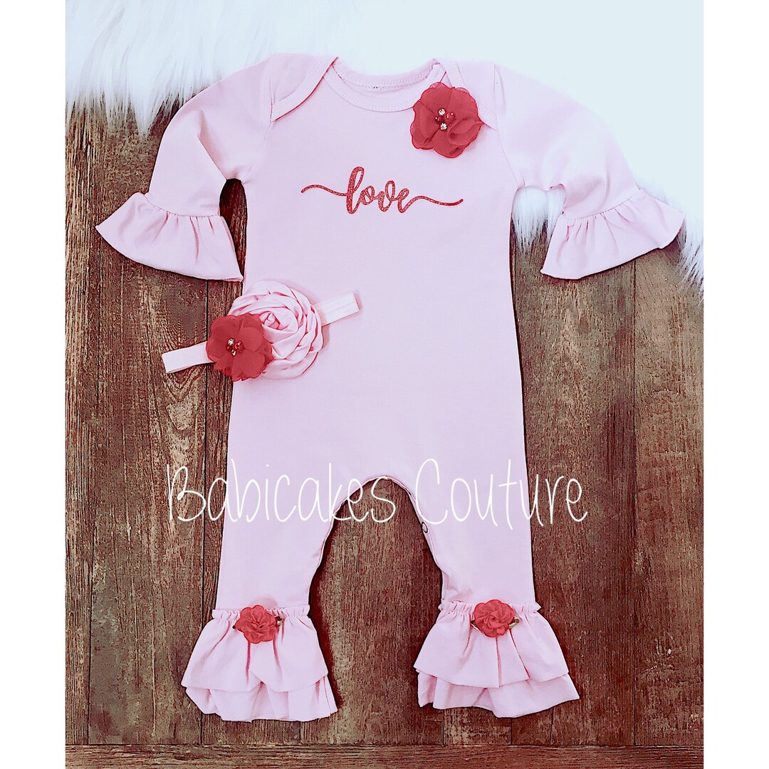 Newborn Girl Valentine Outfit, Babys 1st Valentine, Pink Ruffle Romper