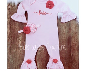 Newborn Girl Valentine Outfit, Babys 1st Valentine, Pink Ruffle Romper, Valentine Baby Outfit, Take Home Outfit, Red Baby Outfit, Baby Cupid