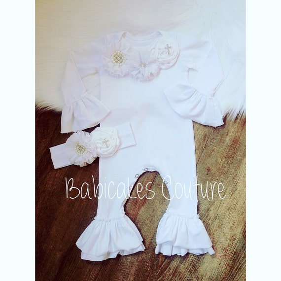 Feather Ruffle Pants Bodysuit & Headband Baby Blessing Outfit Christening Ruffle Romper Christening Keepsake After Christening Outfit