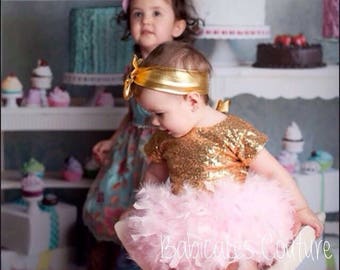 Original Feather Bloomer, Full Feather Tutu, Gold Sequin Bodysuit, Pink & Gold 1st Birthday Outfit, Feather Flower Girl Outfit, Cake Smash