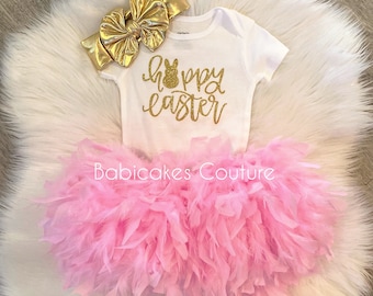 Babys 1st Easter, Pink Feather Tutu, Easter Bunny Outfit, Pink Bunny Outfit, 1st Easter Outfit, Easter Tutu, Egg Hunt Outfit, Happy Easter