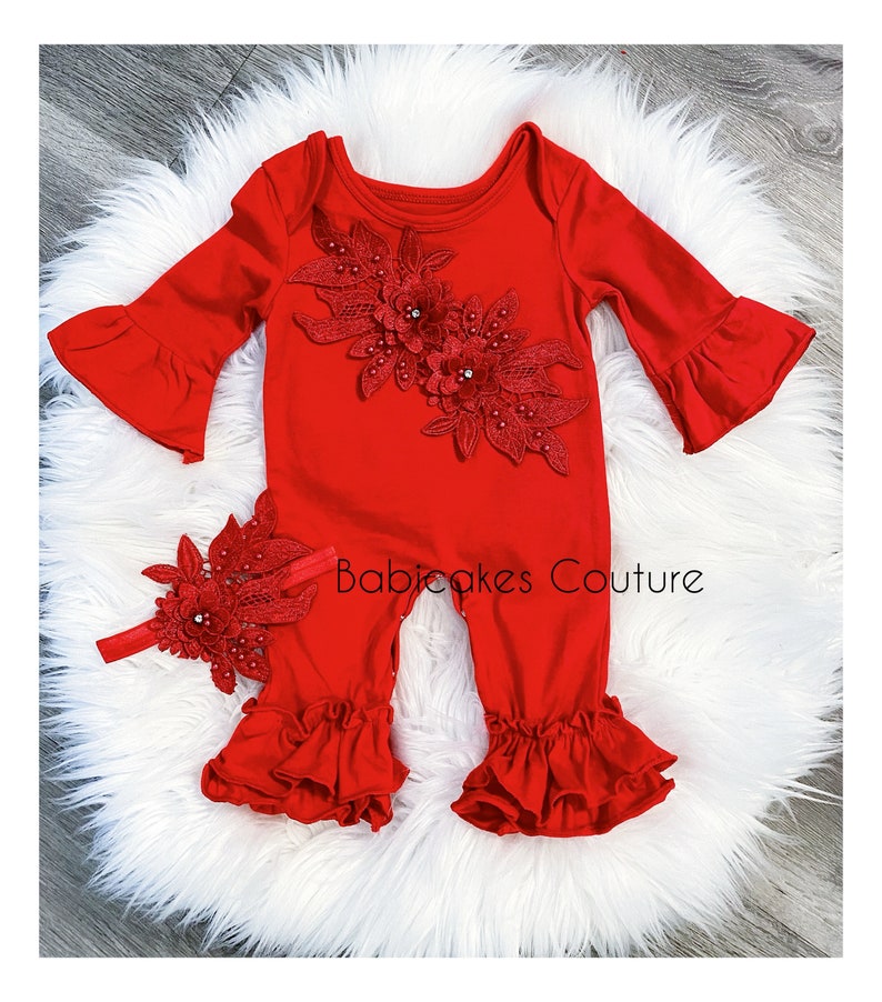 Babys 1st Valentine Outfit, Newborn Girl Take Home Outfit, Coming Home Outfit, Red Baby Romper, Red Ruffle Romper, Red Lace Baby Romper image 1